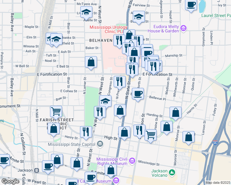 map of restaurants, bars, coffee shops, grocery stores, and more near 835 North President Street in Jackson