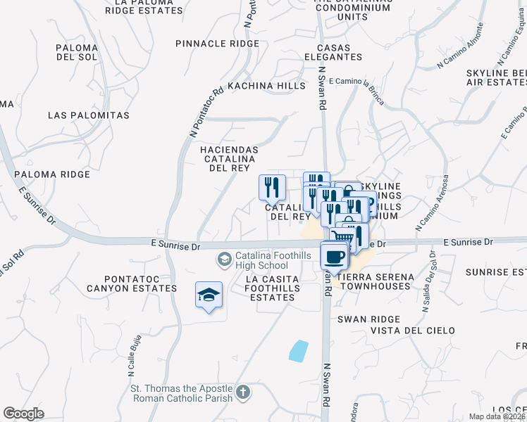 map of restaurants, bars, coffee shops, grocery stores, and more near 5689 North Camino Del Sol in Tucson