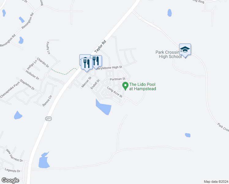 map of restaurants, bars, coffee shops, grocery stores, and more near Long Acre Street in Montgomery