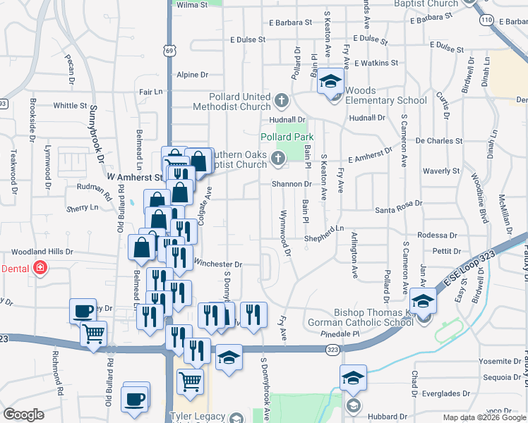 map of restaurants, bars, coffee shops, grocery stores, and more near 3512 New Copeland Road in Tyler