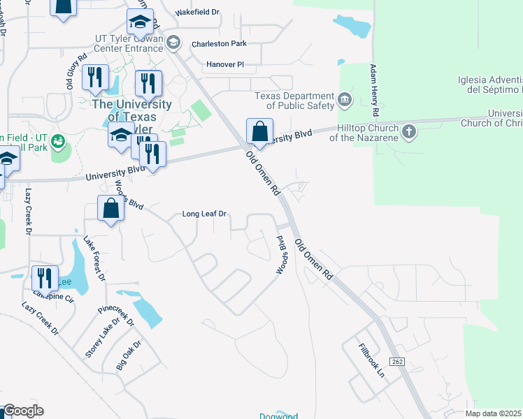 map of restaurants, bars, coffee shops, grocery stores, and more near 3730 Winding Way in Tyler