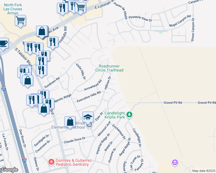 map of restaurants, bars, coffee shops, grocery stores, and more near 1001 Candeleras Street in Las Cruces