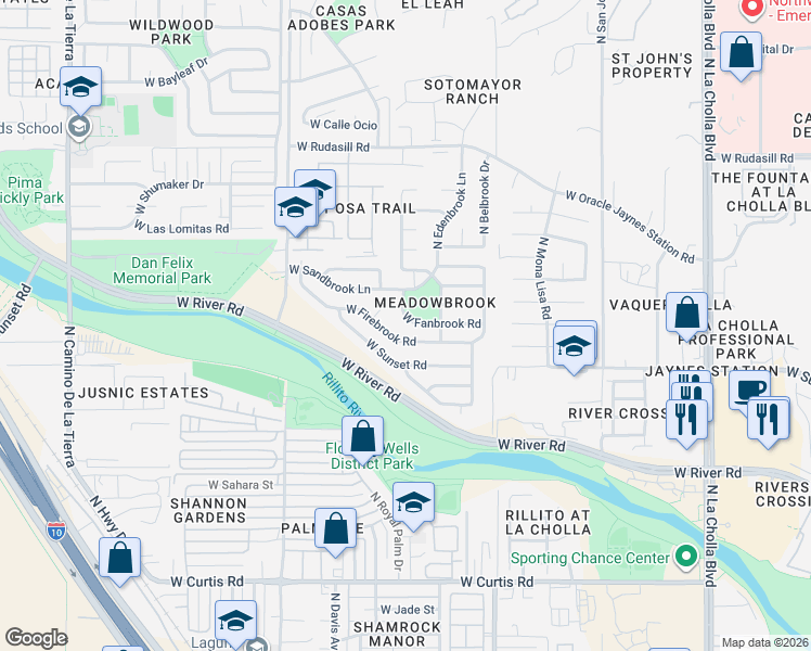 map of restaurants, bars, coffee shops, grocery stores, and more near 2659 West Fanbrook Road in Tucson