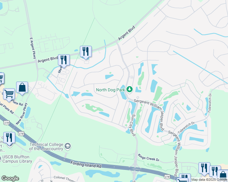 map of restaurants, bars, coffee shops, grocery stores, and more near 555 Promenade Lane in Bluffton