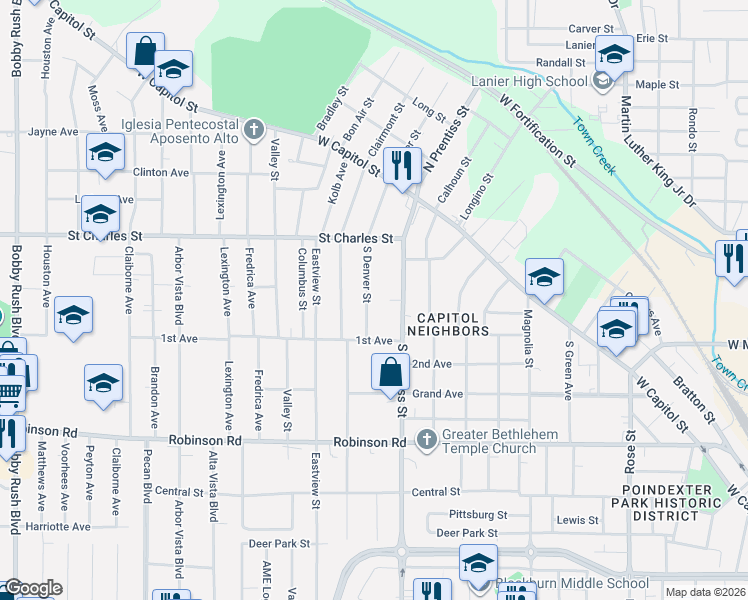 map of restaurants, bars, coffee shops, grocery stores, and more near 315 S Denver St in Jackson