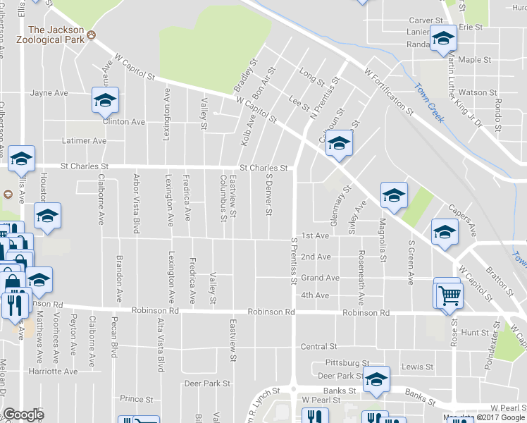 map of restaurants, bars, coffee shops, grocery stores, and more near 315 South Denver Street in Jackson