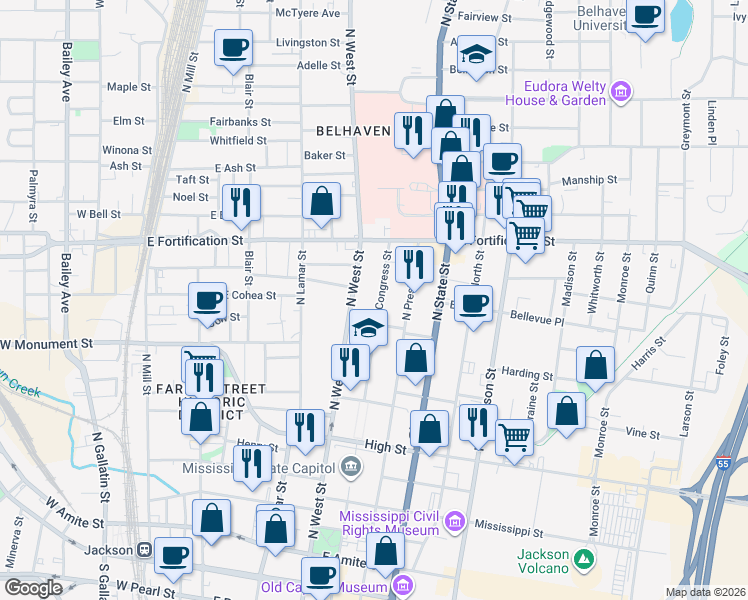 map of restaurants, bars, coffee shops, grocery stores, and more near 827 North Congress Street in Jackson