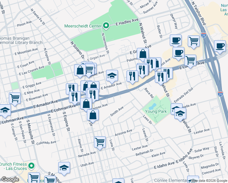 map of restaurants, bars, coffee shops, grocery stores, and more near 1673 East Lohman Avenue in Las Cruces