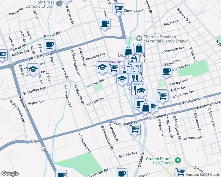 map of restaurants, bars, coffee shops, grocery stores, and more near 201 North Alameda Boulevard in Las Cruces