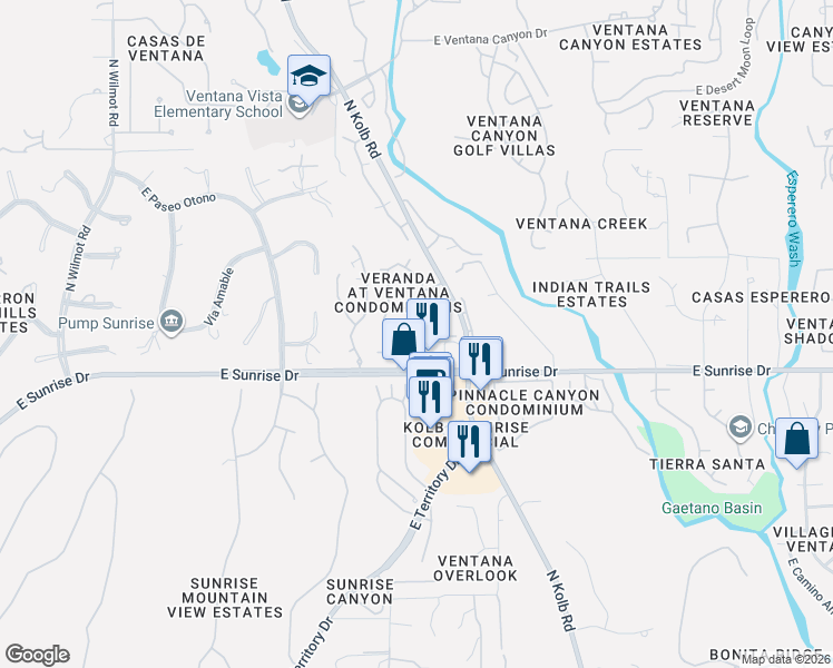 map of restaurants, bars, coffee shops, grocery stores, and more near 6855 East Sunrise Drive in Tucson