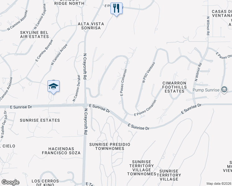 map of restaurants, bars, coffee shops, grocery stores, and more near 5708 North Vía Lozana in Tucson