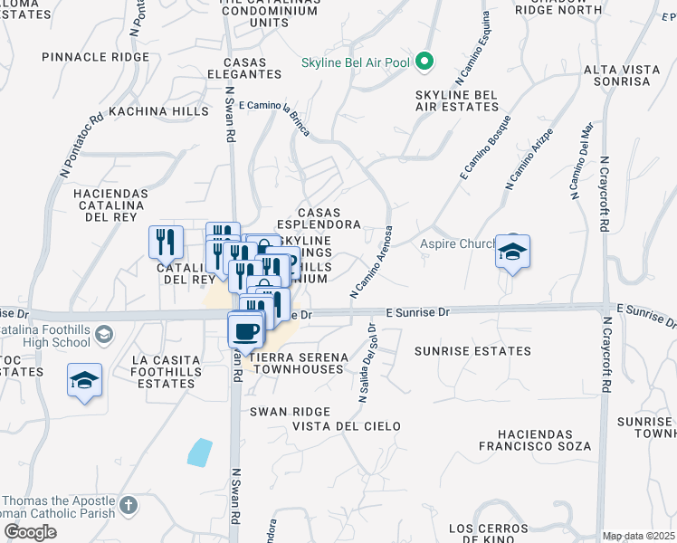 map of restaurants, bars, coffee shops, grocery stores, and more near 5602 North Camino Arenosa in Tucson
