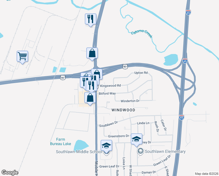 map of restaurants, bars, coffee shops, grocery stores, and more near 120 Kingswood Road in Montgomery