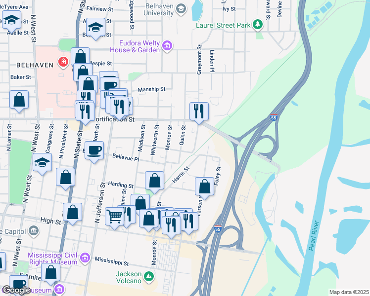 map of restaurants, bars, coffee shops, grocery stores, and more near 1001 Quinn Street in Jackson