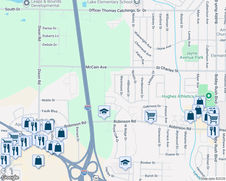 map of restaurants, bars, coffee shops, grocery stores, and more near 4611 Meadowmont Drive in Jackson