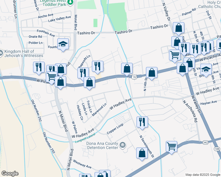 map of restaurants, bars, coffee shops, grocery stores, and more near 2190 Holiday Avenue in Las Cruces