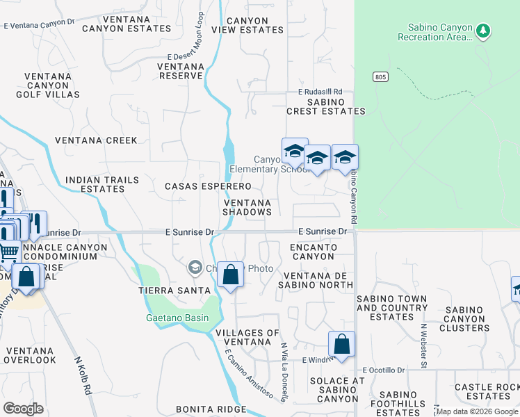map of restaurants, bars, coffee shops, grocery stores, and more near 5669 North Vía Umbrosa in Tucson
