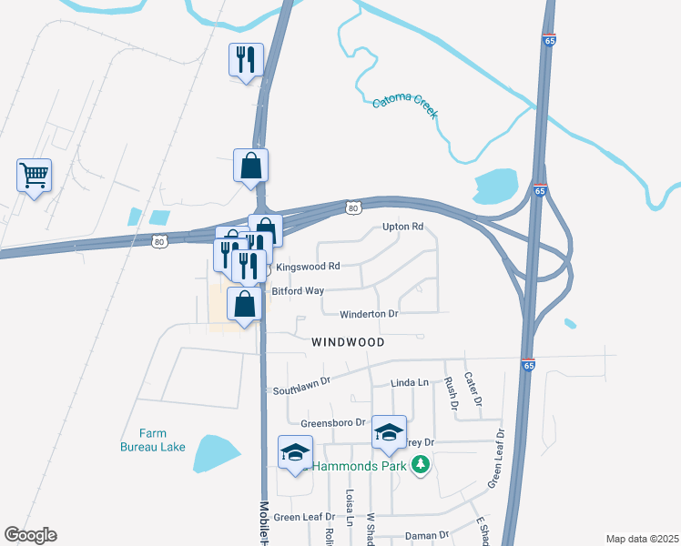 map of restaurants, bars, coffee shops, grocery stores, and more near 224 Kingswood Road in Montgomery
