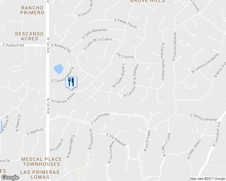 map of restaurants, bars, coffee shops, grocery stores, and more near 5700 North Paseo Niquel East in Tucson