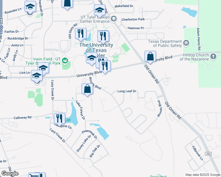 map of restaurants, bars, coffee shops, grocery stores, and more near 3615 Brookview Court in Tyler