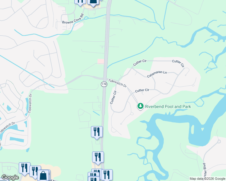 map of restaurants, bars, coffee shops, grocery stores, and more near 10 Cutter Circle in Bluffton