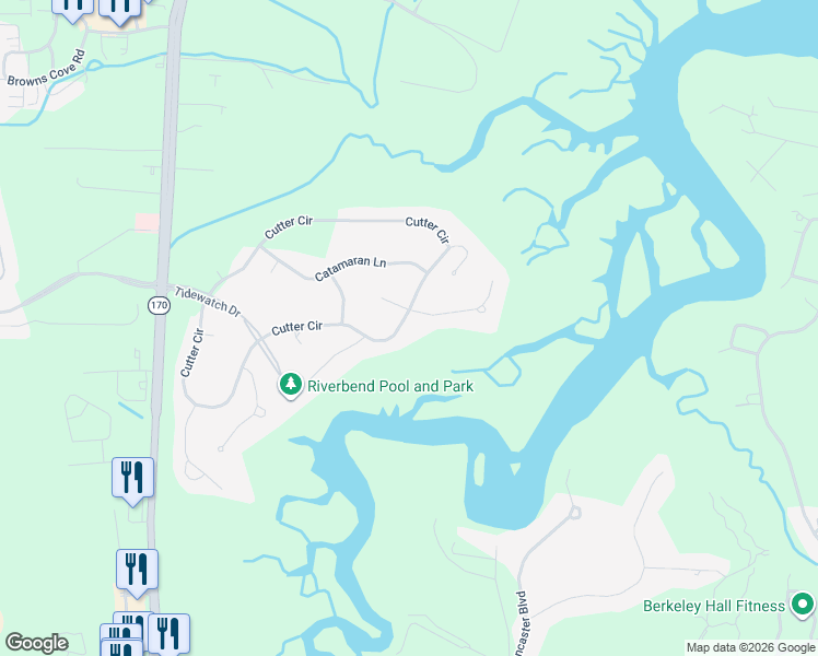 map of restaurants, bars, coffee shops, grocery stores, and more near 104 Cutter Circle in Bluffton
