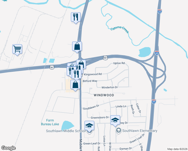 map of restaurants, bars, coffee shops, grocery stores, and more near 120 Kingswood Road in Montgomery