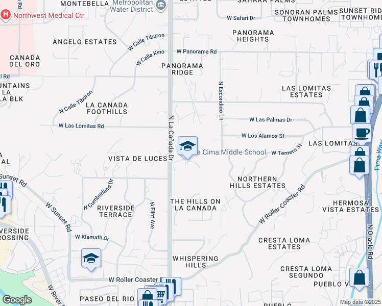 map of restaurants, bars, coffee shops, grocery stores, and more near 5600 North La Cañada Drive in Tucson