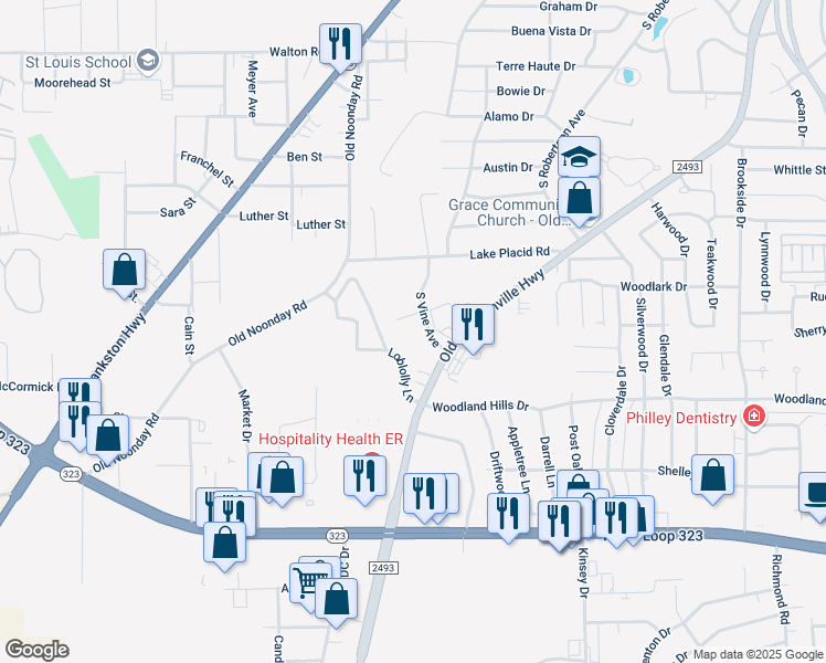 map of restaurants, bars, coffee shops, grocery stores, and more near 3500 South Vine Avenue in Tyler