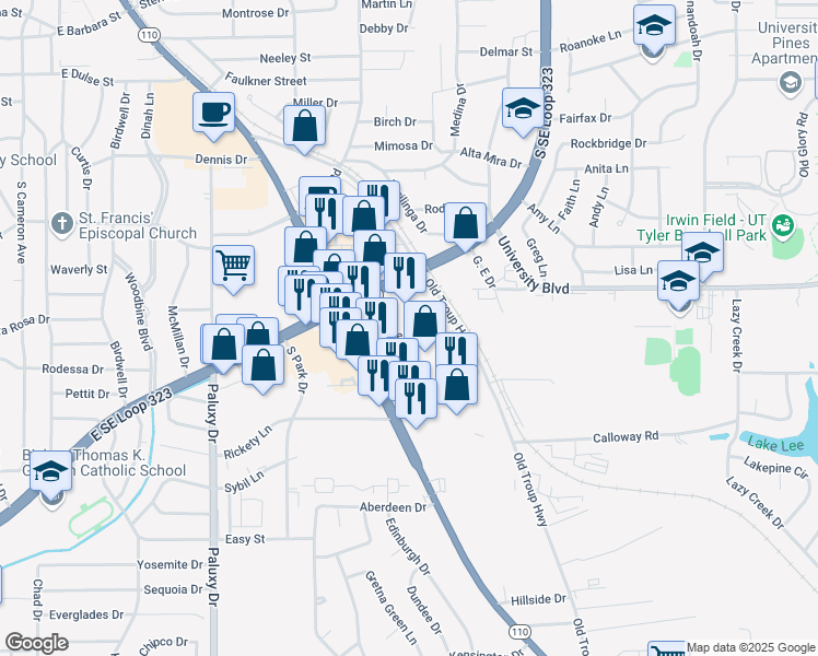 map of restaurants, bars, coffee shops, grocery stores, and more near 2318 Plume Drive in Tyler