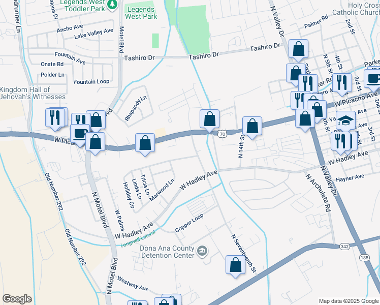 map of restaurants, bars, coffee shops, grocery stores, and more near 2190 Holiday Avenue in Las Cruces