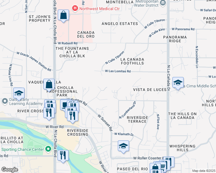 map of restaurants, bars, coffee shops, grocery stores, and more near 5644 North Vía Latigo in Tucson
