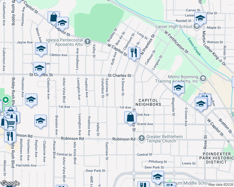 map of restaurants, bars, coffee shops, grocery stores, and more near 315 South Denver Street in Jackson