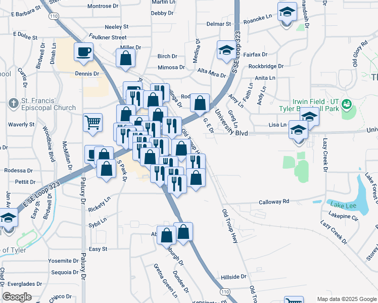 map of restaurants, bars, coffee shops, grocery stores, and more near 2422 Plume Drive in Tyler
