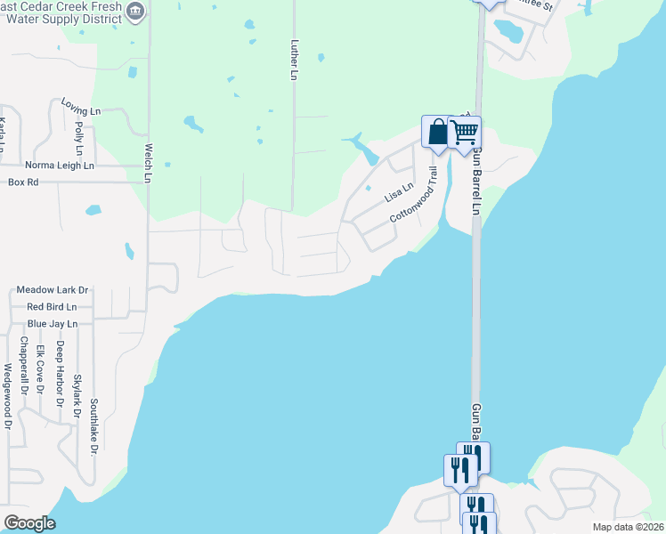 map of restaurants, bars, coffee shops, grocery stores, and more near 104 Ricky Road in Gun Barrel City