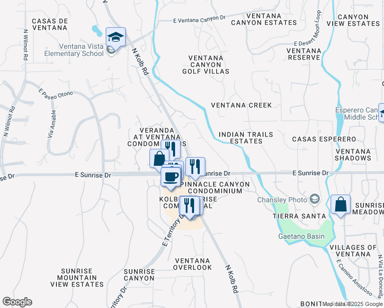 map of restaurants, bars, coffee shops, grocery stores, and more near 5660 North Kolb Road in Tucson
