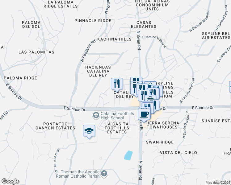 map of restaurants, bars, coffee shops, grocery stores, and more near 5689 North Camino Del Sol in Tucson