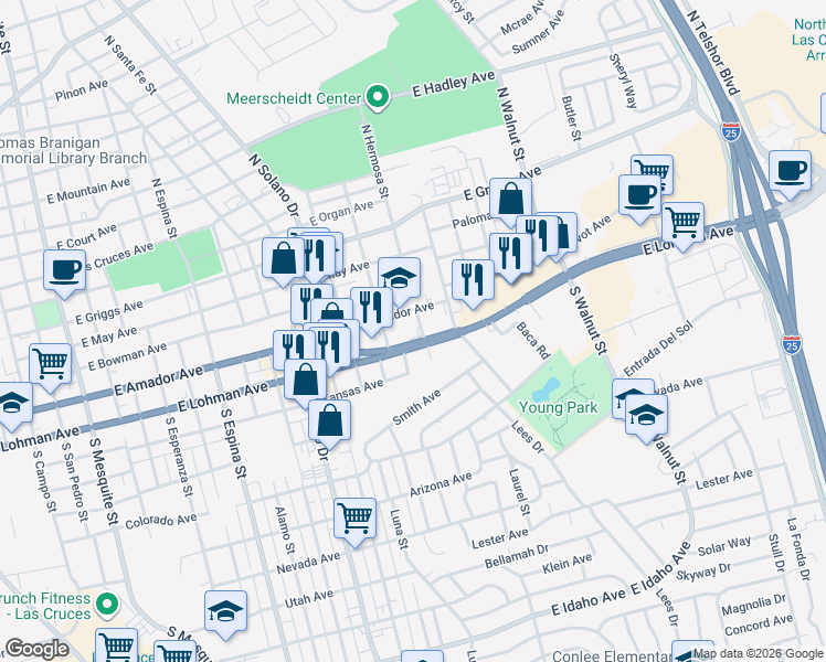map of restaurants, bars, coffee shops, grocery stores, and more near 1673 East Lohman Avenue in Las Cruces