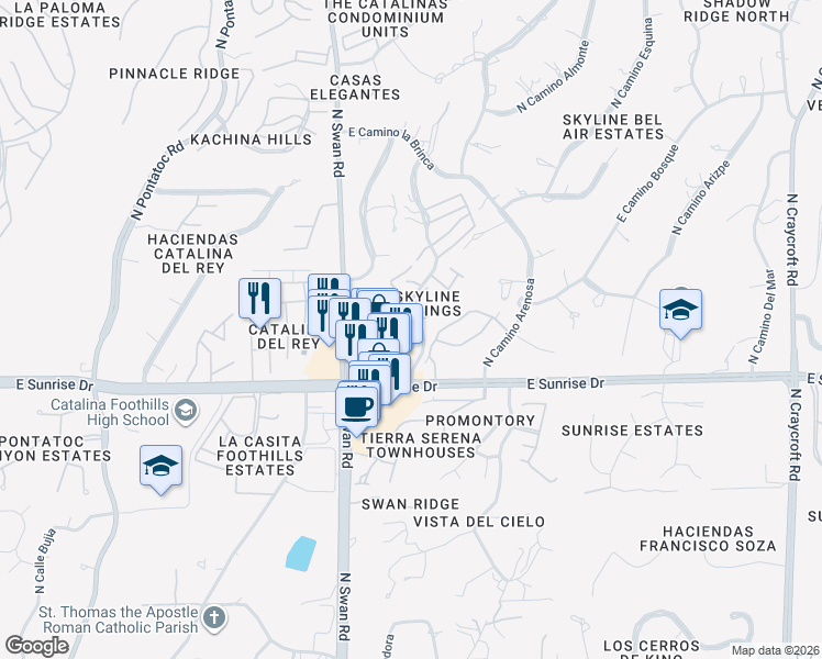 map of restaurants, bars, coffee shops, grocery stores, and more near 5675 North Camino Esplendora in Tucson