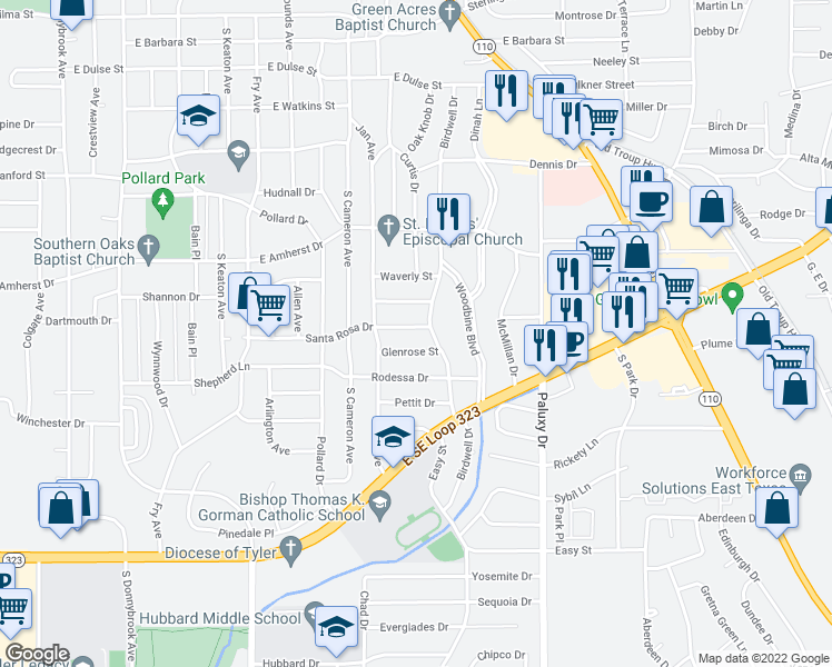 map of restaurants, bars, coffee shops, grocery stores, and more near 1437 Santa Rosa Drive in Tyler