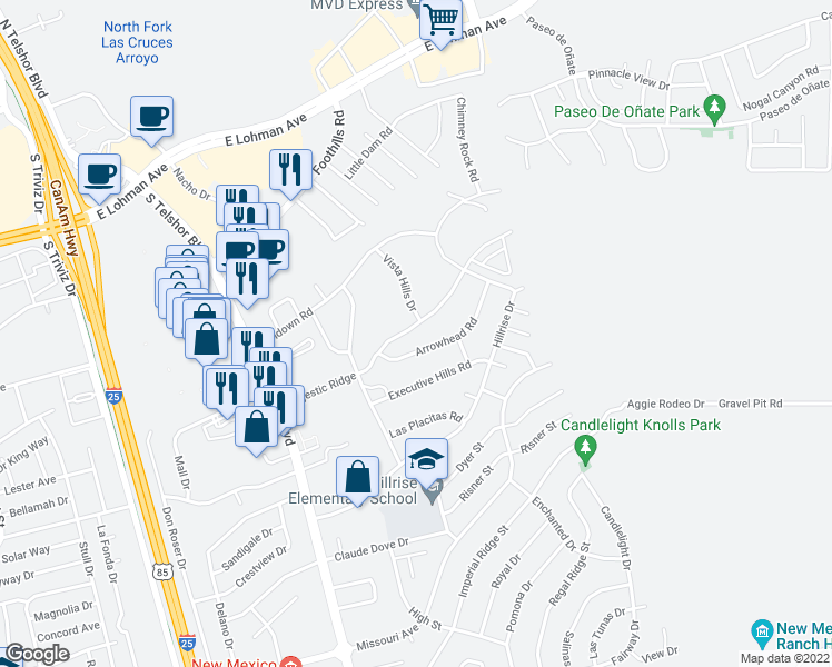 map of restaurants, bars, coffee shops, grocery stores, and more near 3120 Majestic Ridge in Las Cruces