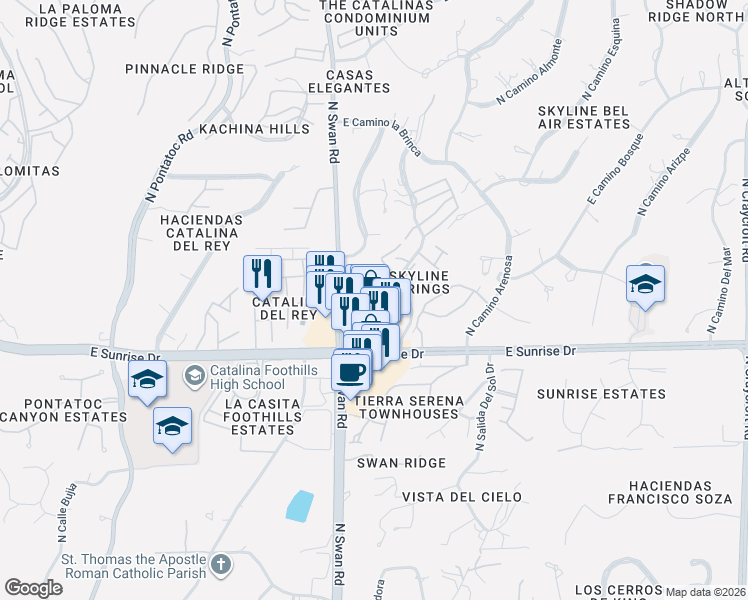 map of restaurants, bars, coffee shops, grocery stores, and more near 4753 East Sunrise Drive in Tucson