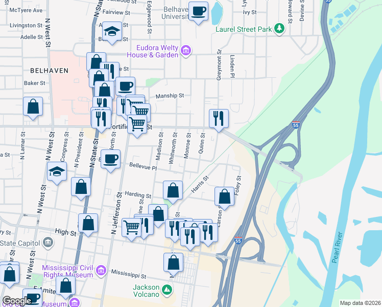 map of restaurants, bars, coffee shops, grocery stores, and more near 1001 Quinn Street in Jackson