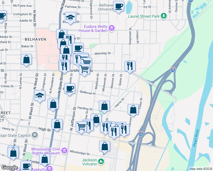 map of restaurants, bars, coffee shops, grocery stores, and more near 1121 Moody Street in Jackson