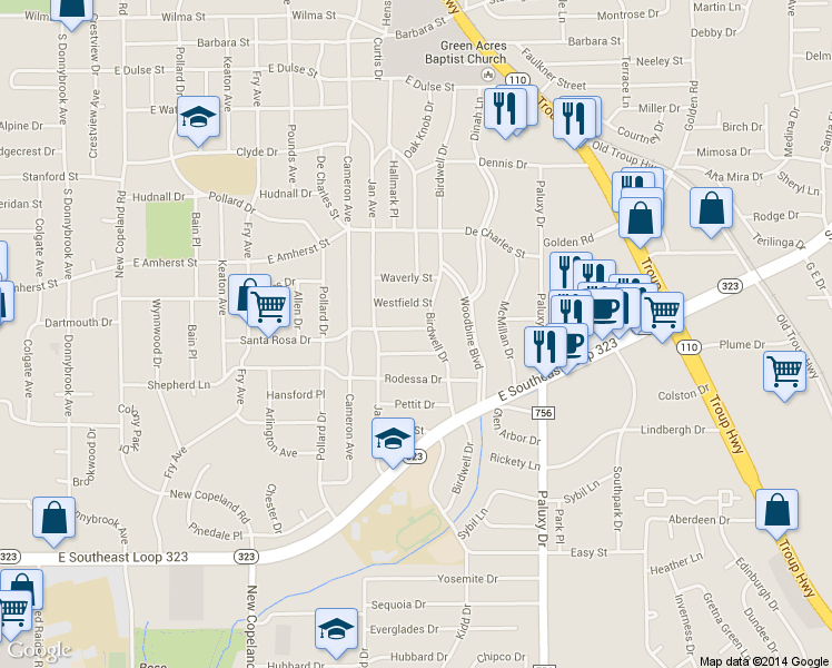 map of restaurants, bars, coffee shops, grocery stores, and more near 1437 Santa Rosa Drive in Tyler