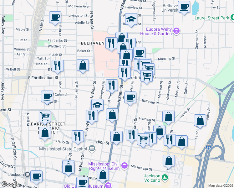 map of restaurants, bars, coffee shops, grocery stores, and more near 901-AF North State Street in Jackson