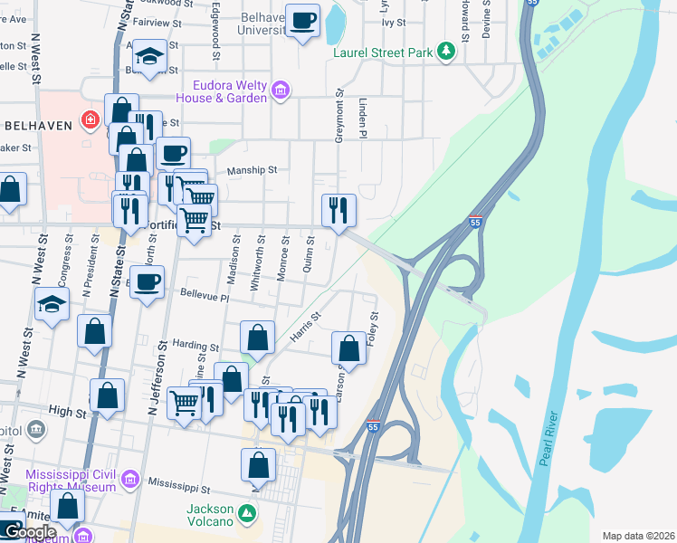 map of restaurants, bars, coffee shops, grocery stores, and more near 1034 Greymont Avenue in Jackson