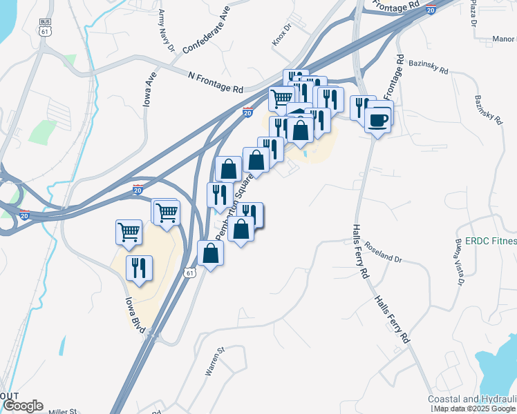 map of restaurants, bars, coffee shops, grocery stores, and more near 3505 Pemberton Square Boulevard in Vicksburg