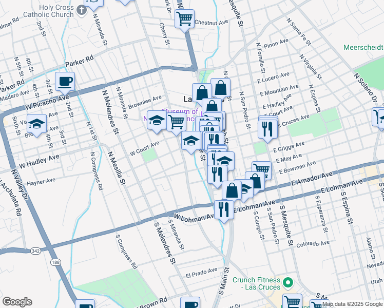 map of restaurants, bars, coffee shops, grocery stores, and more near 150 North Alameda Boulevard in Las Cruces
