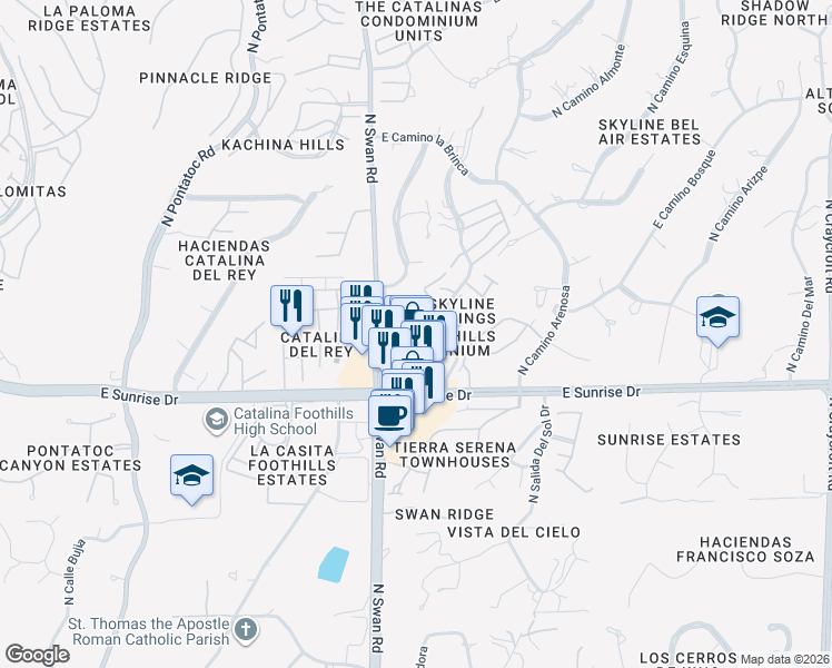 map of restaurants, bars, coffee shops, grocery stores, and more near 4753 East Sunrise Drive in Tucson